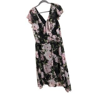 Julia Jordan Black Pink Floral Ruffle A-Line Dress‎ Size 16